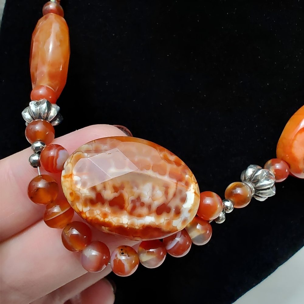 Vintage Sterling Silver Faceted Red Fire Agate Statement Necklace 19" - Picture 4 of 12